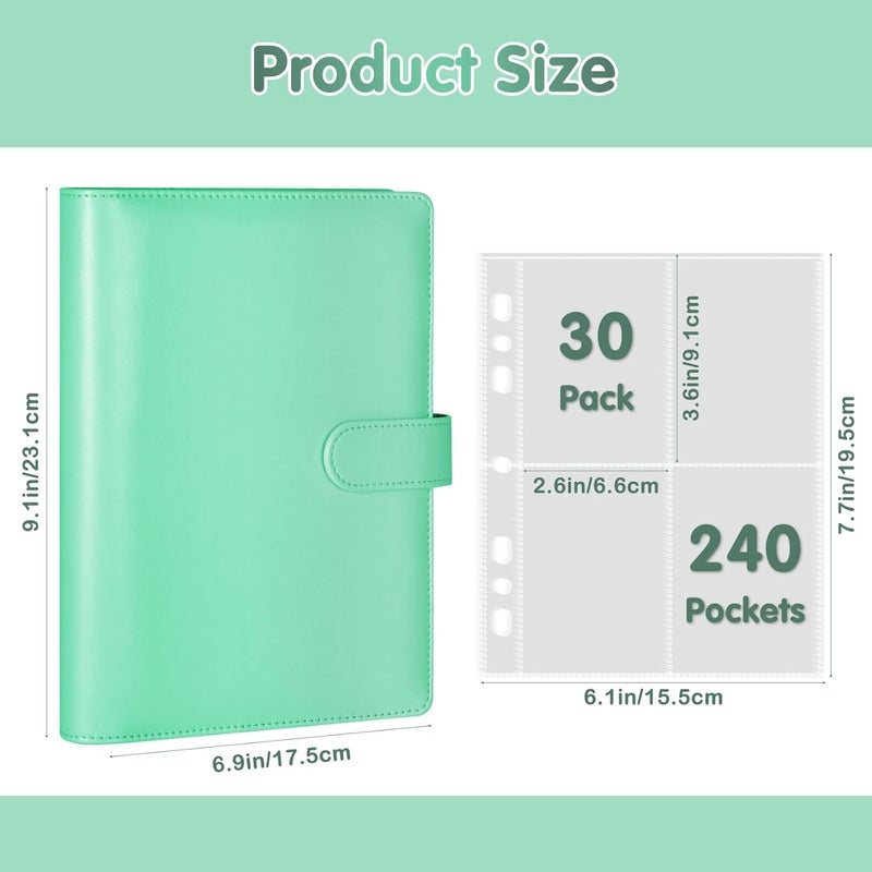 WITHYU A5 Card Collector with 30 Pack 4-Pocket Pages, 6 Ring Binder Album with 240 Card Slots, PU Leather Binder Cover with Magnetic Buckle Closure (Green) - Image 5
